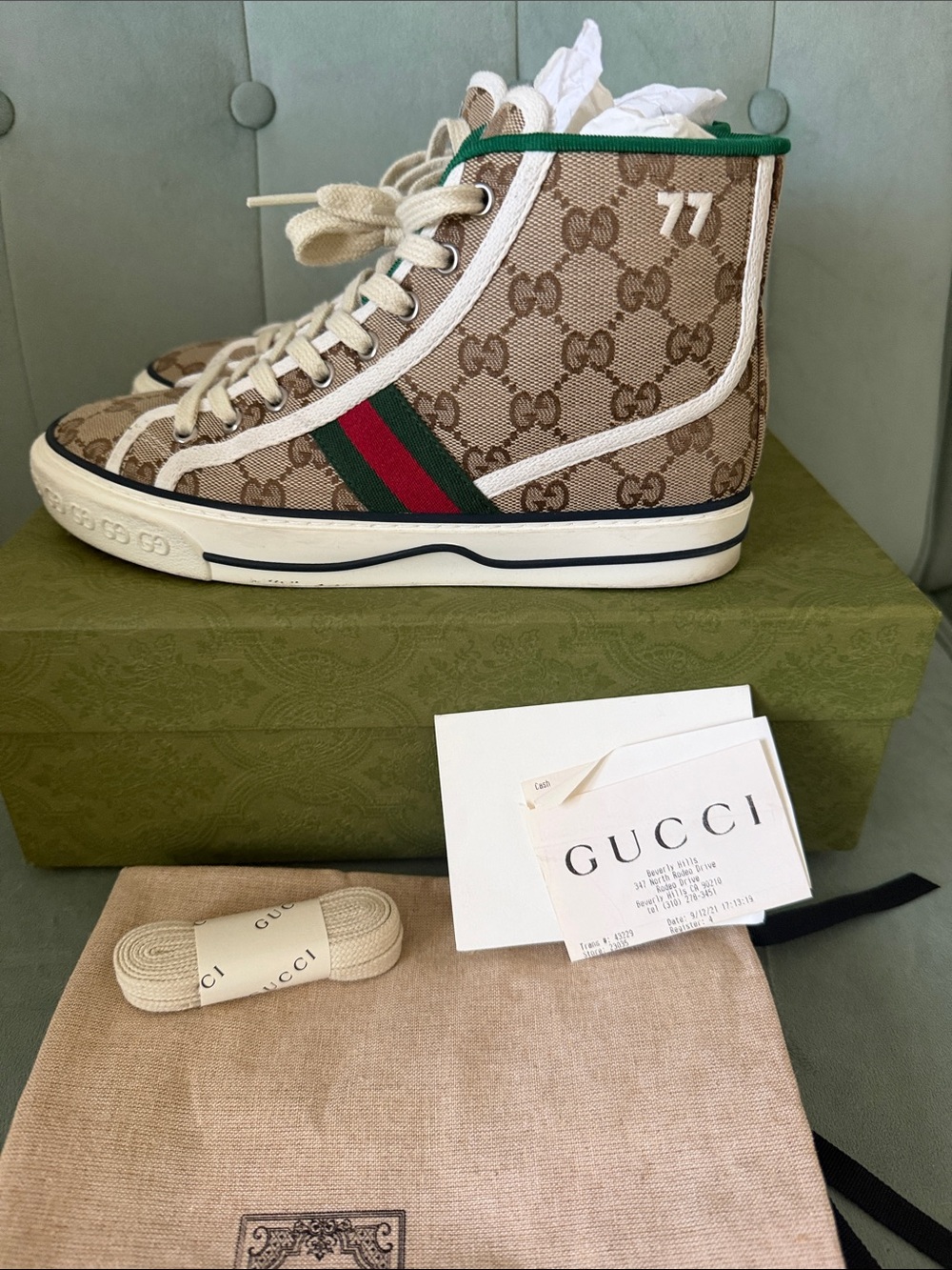 Womens Gucci Beige GG Canvas High-Top Sneaker with Green and Red size 37+